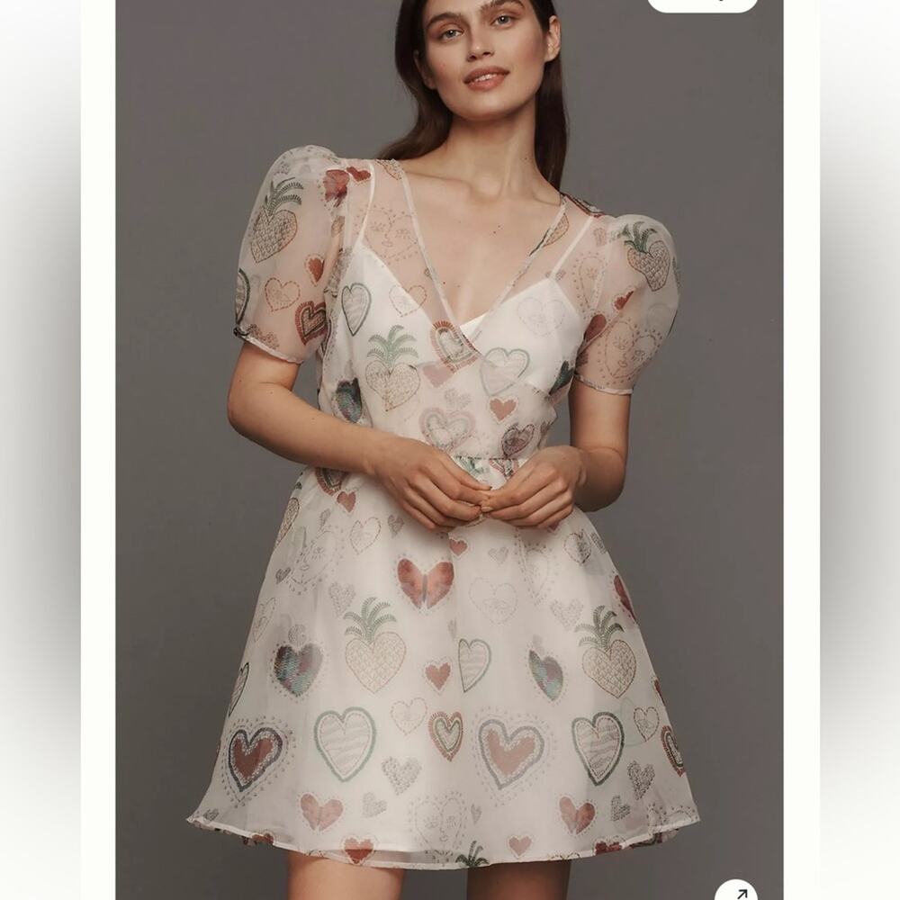 FARM Rio Sheer Puff-Sleeve Dress Printed Hearts Size Large NWT - Picture 5 of 7